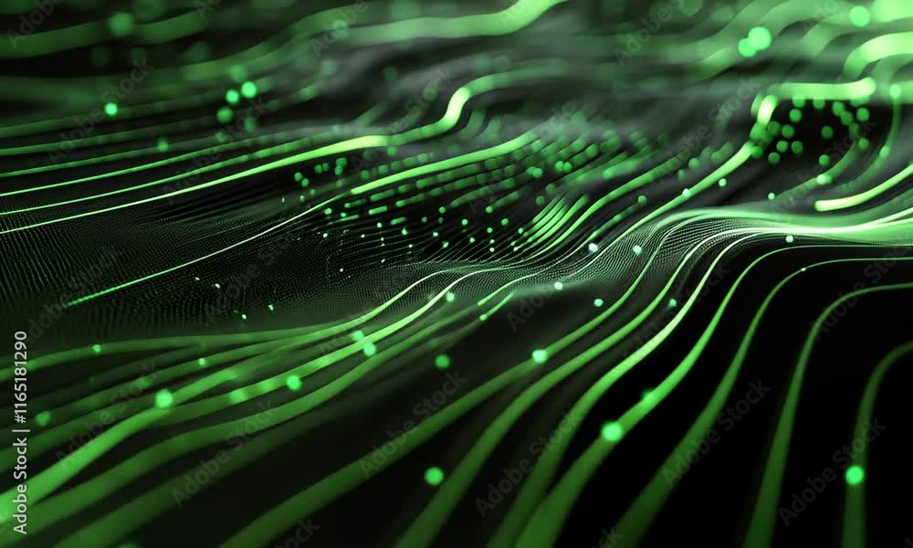 Poster abstract green digital waves: flowing data stream visualization