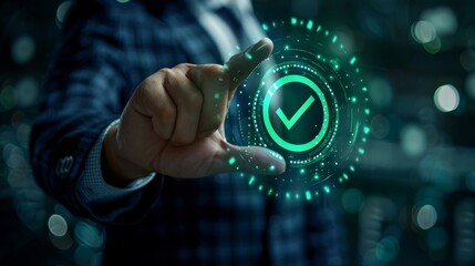 Businessman hand holding virtual checkmark icon in hologram background