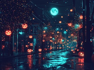 Obraz premium A magical nighttime Halloween celebration in a small town with glowing jack-o'-lanterns lining the streets, children trick-or-treating in costumes, and a full moon casting eerie shadows. Include 