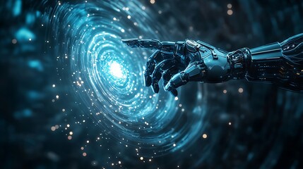 Exploring cosmic realities robotic hand manipulating energy vortex futuristic environment digital art