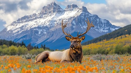 Majestic elk resting in autumn meadow with mountains.