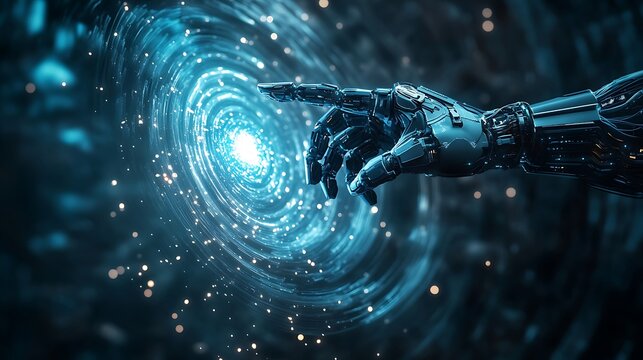 Exploring cosmic realities robotic hand manipulating energy vortex futuristic environment digital art