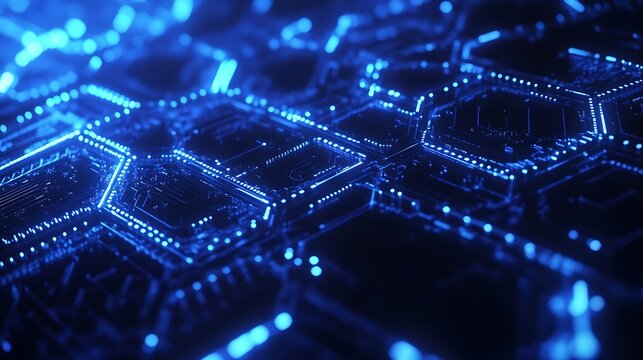 Dynamic technology visualization in futuristic hexagonal grid digital environment abstract conceptual art - Powered by Adobe