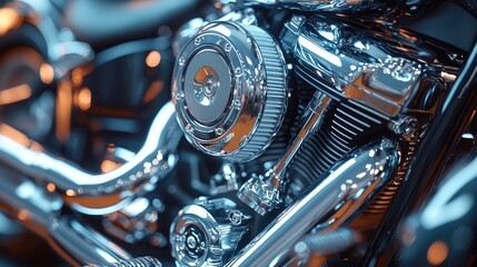 Obraz premium Close-up of a polished motorcycle engine showcasing intricate chrome details.