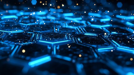 Dynamic blue hexagonal patterns digital space abstract graphics futuristic environment close-up view technology concept