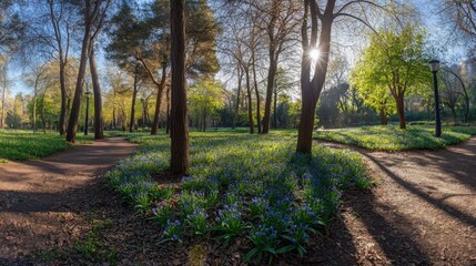 Fototapeta premium A breathtaking panoramic image of Scilla blossoms in a park during early spring