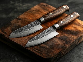 Two handcrafted Japanese knives with dark wood handles rest on a wooden cutting board.