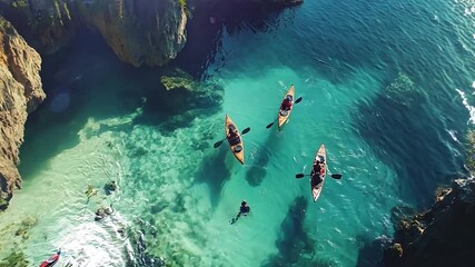 A serene tropical lagoon surrounded by lush cliffs, featuring vibrant kayakers paddling through crystal-clear turquoise waters. A perfect scene for adventure, travel, and nature enthusiasts