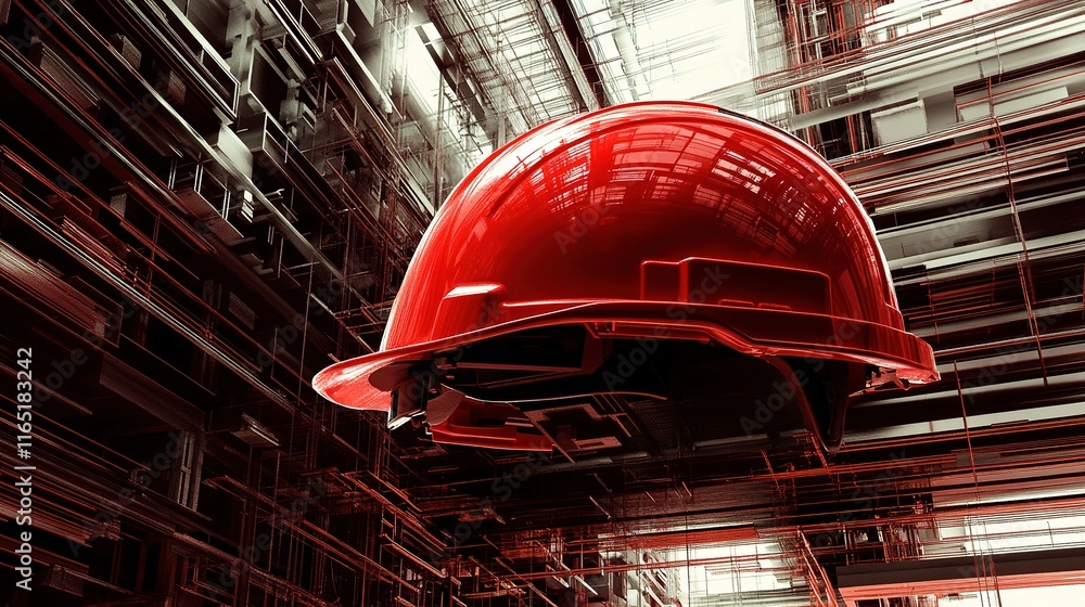 Aufkleber red construction helmet on abstract background with building elements