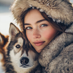 Young happy woman having fun in snowy winter park with dogs