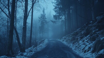 Obraz premium Mystical Winter Forest Path Snowy Road Foggy Trees Blue Hues