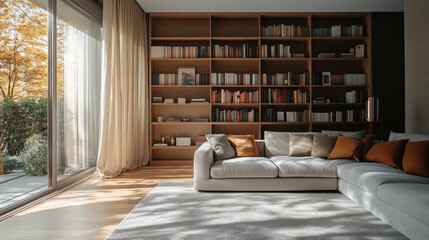 Luxurious Modern Living Room with Large Sectional Sofa and Bookshelves