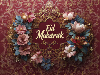 Eid Mubarak greeting card with floral decorations and ornate design