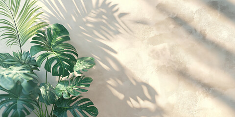 A serene arrangement of monstera and tropical plants casting shadows on a textured wall