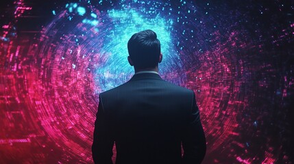 Professional Man in Suit Engaging with Futuristic Hologram Visualization