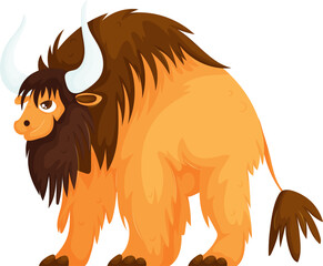 Colorful cartoon illustration of a yak with large curved horns, shaggy fur, and a whimsical design on a white background.