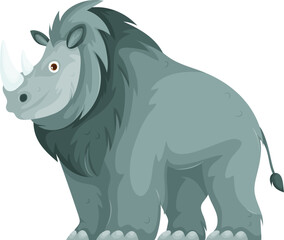 Whimsical cartoon illustration of a rhinoceros with exaggerated shaggy fur, two large horns, and a playful design on a white background.