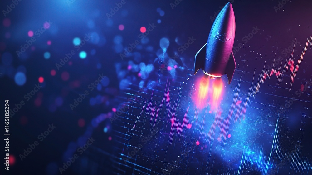 Poster rocket launch into data stream: a stylized rocket blasts off against a backdrop of vibrant data stre