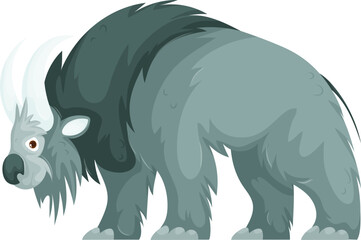 Illustration of a gray cartoon prehistoric beast with shaggy fur and curved white horns, isolated on a white background.