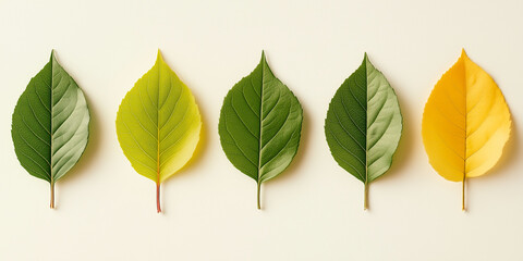 Green and yellow leaves arranged in a symmetrical pattern on a neutral surface