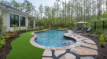 Backyard swimming pool with flagstone patio, artificial turf, and lush landscaping.