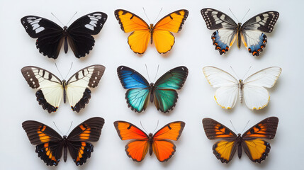 set of butterflies isolated on white background