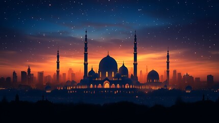 Obraz premium Majestic Mosque Illuminated Cityscape Night Sky