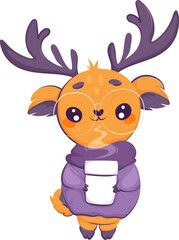 Cute cartoon deer wearing glasses, a purple sweater, and scarf, holding a coffee cup. Perfect for cozy, winter-themed designs.