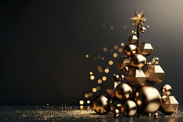 Fototapeta premium Minimalist gold lines forming a Christmas tree with soft, glowing ornaments 