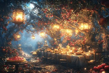 Obraz premium A serene Thanksgiving dinner at a family orchard, with a rustic table set under apple trees, glowing lanterns hanging from branches, and pies and roasted vegetables on display. Add intricate 