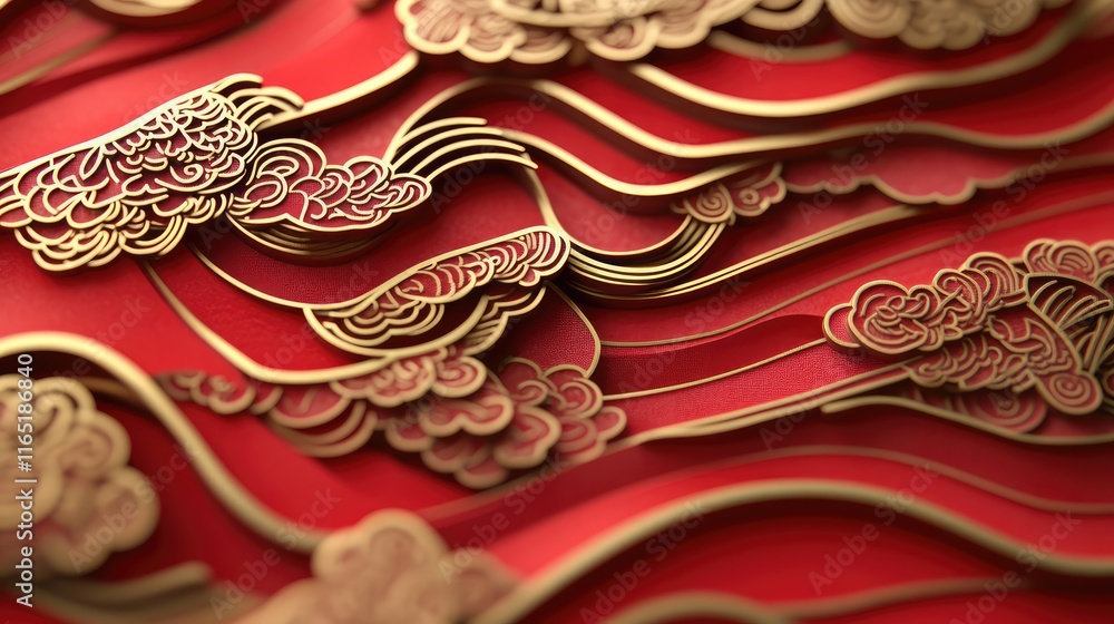 Poster festive 3d chinese new year design with stacked red and gold layers creating depth and vibrancy.