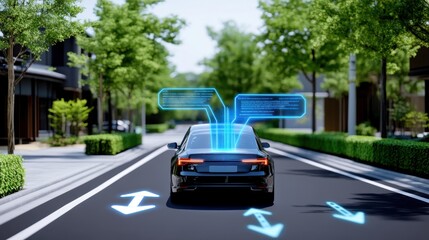 A futuristic car navigating a smart city with digital overlays.