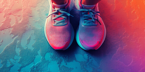 Close-up of running shoes on a textured pastel surface with bold vibrant tones