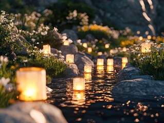 A serene midsummer celebration by a lakeside with families enjoying picnics, children running through wildflowers, and lanterns floating on the water. Include intricate floral details and glowing 