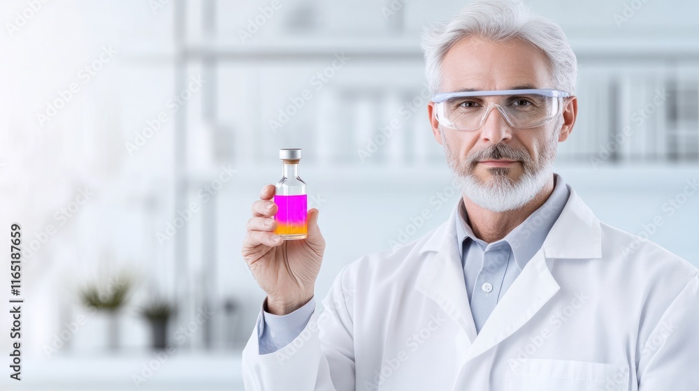 Poster scientist holding a vial of colorful liquid in a lab setting.