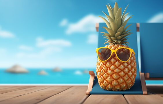 Pineapple wearing sunglasses, sitting on a deck chair at the beach with a copy space banner. Summer vacation concept - Powered by Adobe