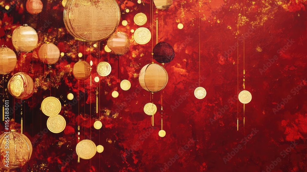 Poster festive abstract chinese elements with gold coins and lanterns floating in dynamic red and gold patt