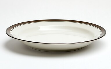 Empty round porcelain dinner plate with brown rim.