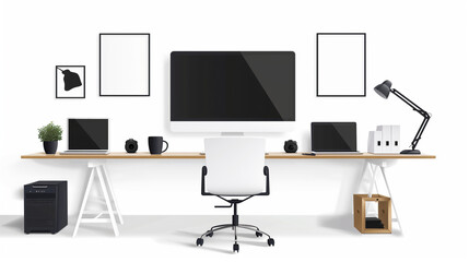 Modern Office Desk Setup with Technology Devices and Minimalist Decor in Illustration Style