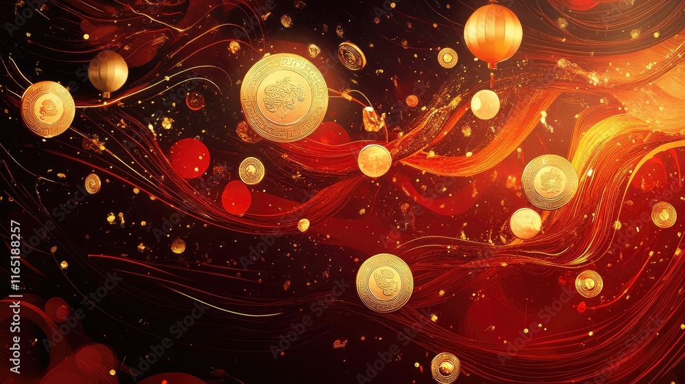 Poster festive abstract chinese elements with gold coins and lanterns floating in dynamic red and gold patt