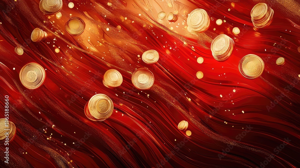 Poster festive abstract chinese elements with gold coins and lanterns floating in dynamic red and gold patt