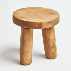 Minimalist round wooden stool with three legs, crafted from natural wood, perfect for indoor and outdoor settings, adding rustic charm to any space