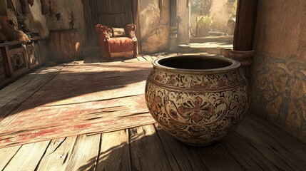 Ornate Decorative Pot in Cozy Sunlit Interior Setting