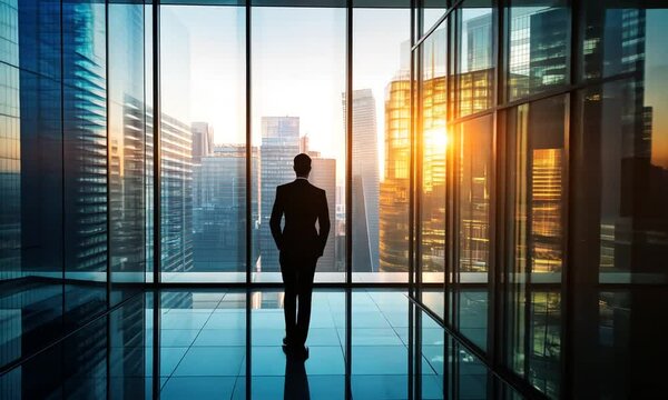 Businessman Contemplating Cityscape at Sunrise from Modern Office