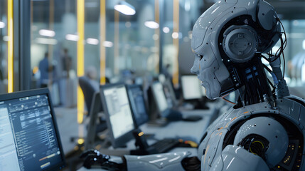 Fototapeta premium The image of a sophisticated AI robot diligently working at a computer in a hightech office represents the pivotal role of AI in driving