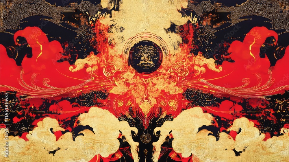 Poster festive abstract chinese new year fusion art merging traditional patterns with futuristic red and go