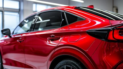 Side view of car window tint, ceramic film provides heat rejection and UV protection with stable color, car film installed on the glass surface of the , selected focus car tinting service