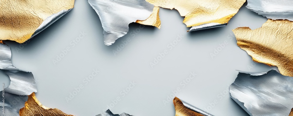 Poster torn abstract background concept. elegant metallic scrap paper in silver and gold, creating a stylis