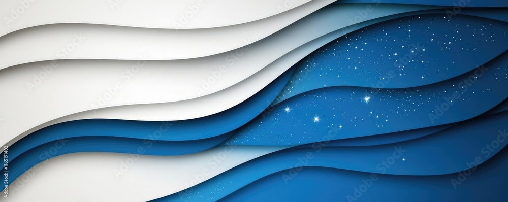 Poster starry abstract background concept. stylish abstract paper waves in blue and white with sparkling ba