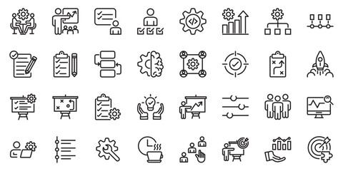 Action plan set of web icons in line style. Strategy action planning icons for web and mobile app. Containing strategy, analysis, planning, strategy, analysis, tasks, goal, implementation and more